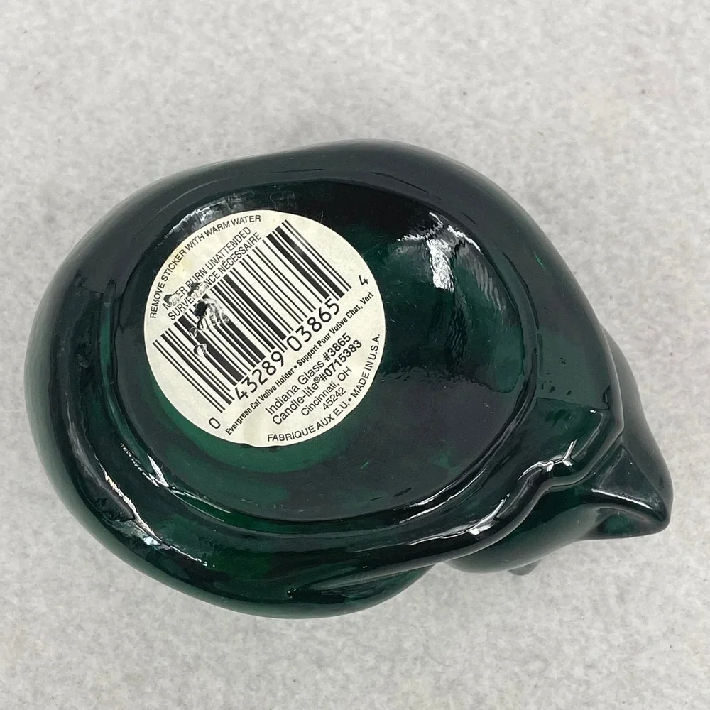 Indiana Glass Evergreen Cat Votive Holder Emerald Green Sleeping Kitten 3865